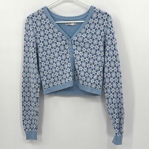 Hollister Blue‎ Floral Print Cropped V Neck Cardigan Sweater Size Small, Winter